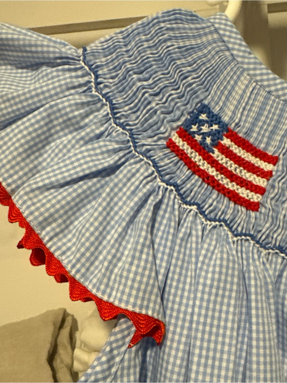 Stitchy Fish Girls' Blue Gingham Dress with Flag Smocking - Picture 2 of 7